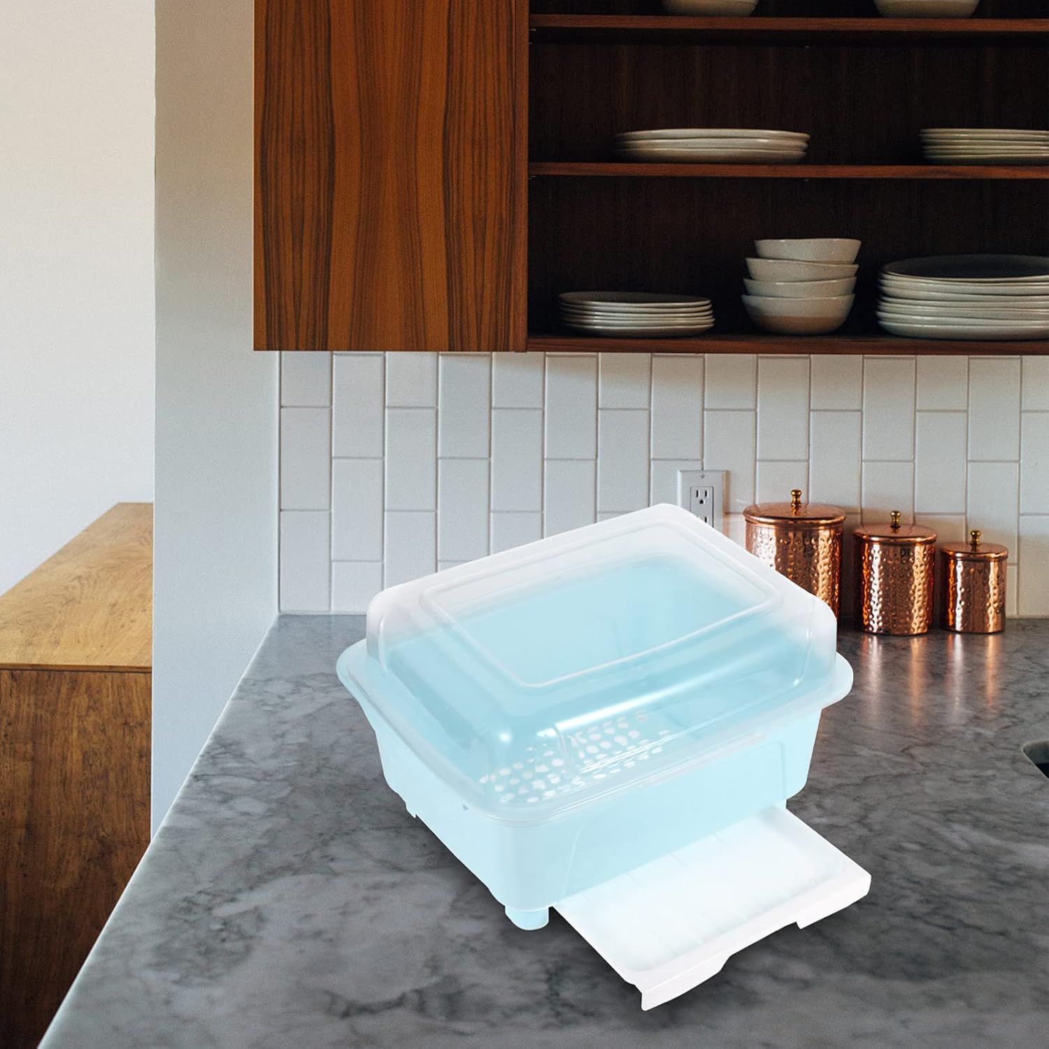 Hemoton Tableware Storage Box with Transparent Lid 13X10X8 Inch Kitchen Organizer for Bowls Chopsticks Cutlery Drying Rack with Drainage for Home Use