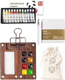 Pocket Artist Watercolor Travel Set, Travel Paint Palette, Wooden Paint Palette Travel Kit, Mini Portable Watercolor Palette with Clip for Artists Painters Students (12 Colors 8 Grid Set)