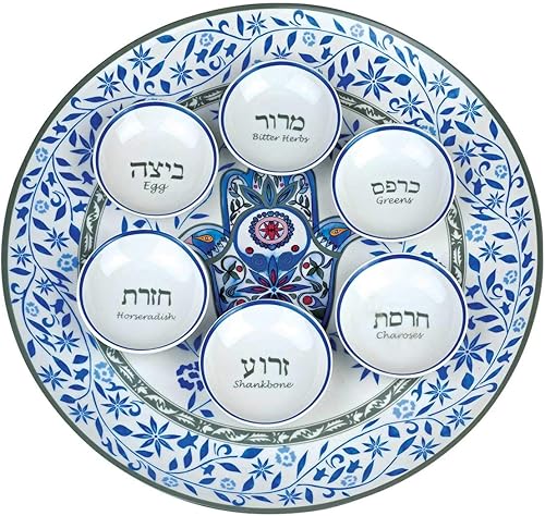 Miniatura 5 de Jessica Sporn - Juego de vajilla artística para Pascua Seder, diseño floral de hamsa, de porcelana de calidad, bandeja cuadrada de matzah, cubierta