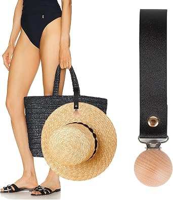 Hat Clip for Travel on Bag,Clips to Hold Christmas Stockings,Strong Wooden Clip for Hanging Sun Straw Hat Stocks,Backpack Hands Free Hat Holder for Womens Beach Summer Travel Accessory Black