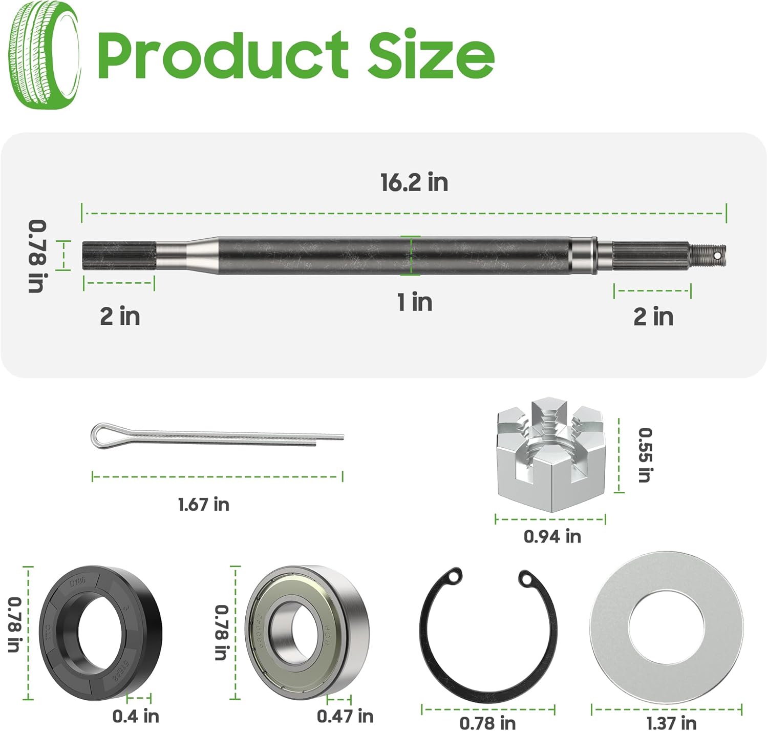10L0L Golf Cart RXV Passenger Side Rear Spline Axle Shaft with Bearing Seal Kit fit EZGO RXV Electric 2008 UP, OEM# 620341, 614209,16.2" Long