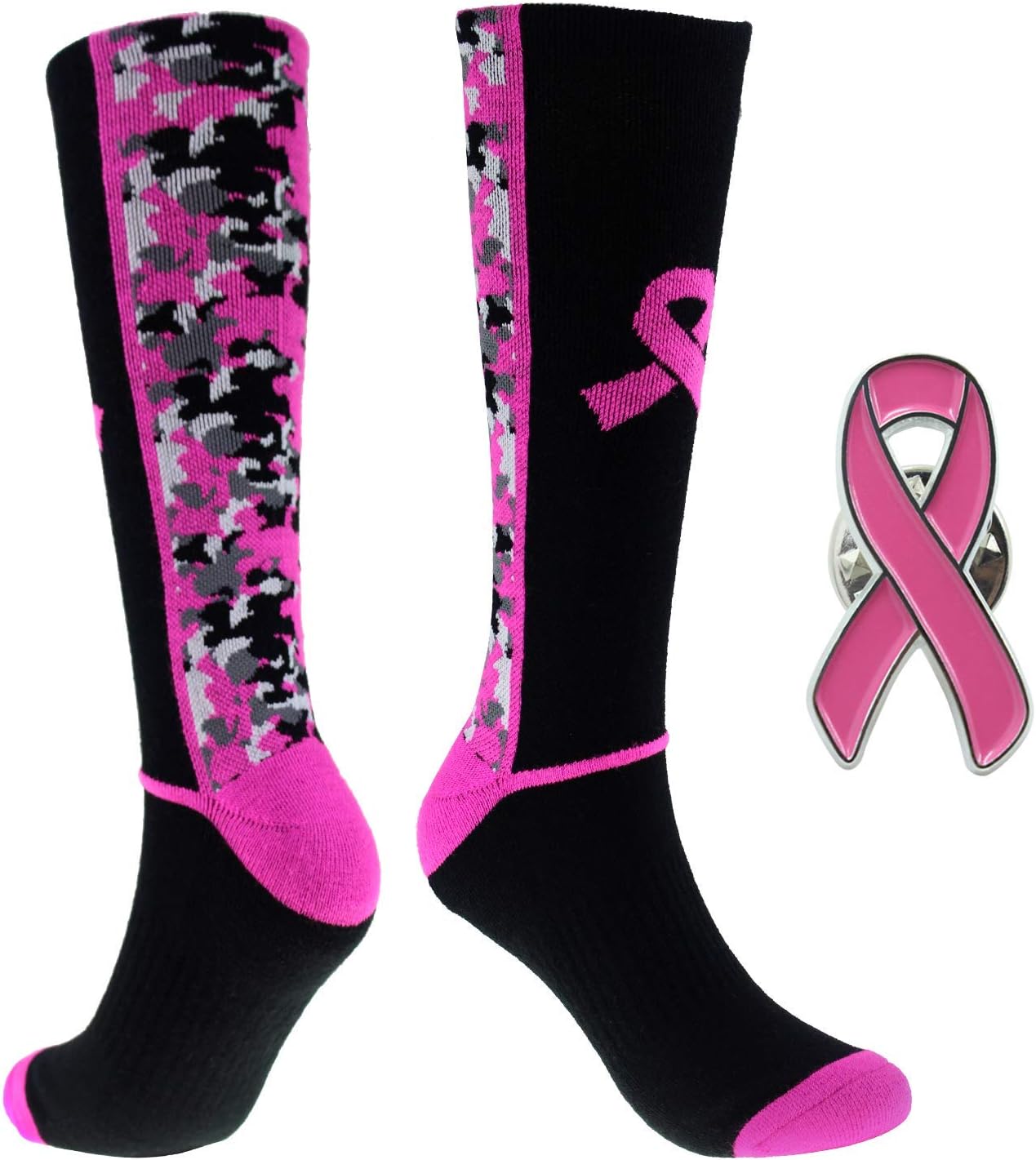 MasonicbuySports Breast Cancer Awareness Pink Ribbon Socks & Lapel Pin Set Athletic Crew Socks Digital Camo Socks