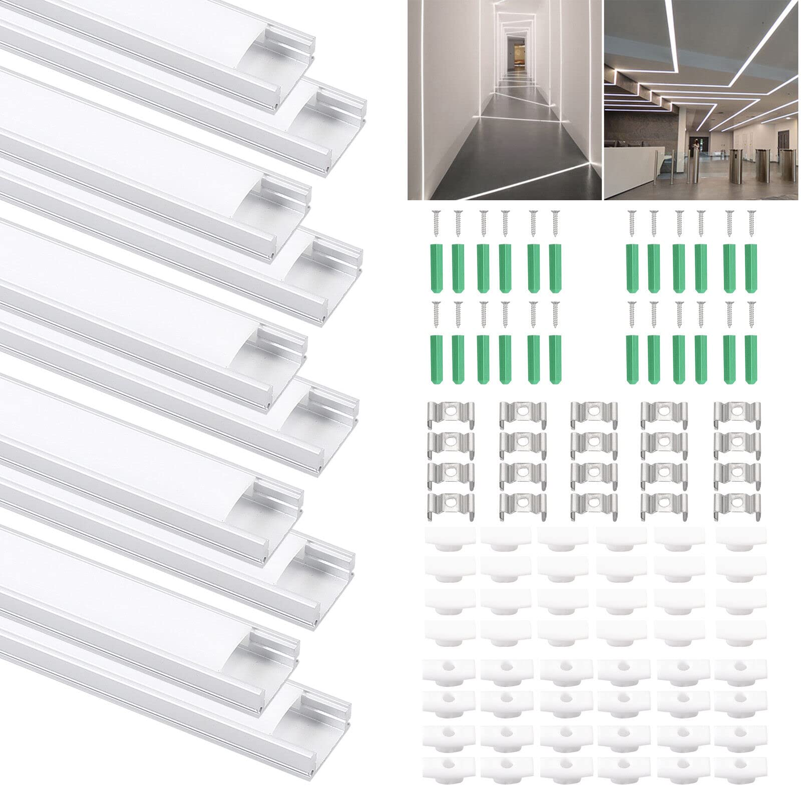 10 Pack U-Shape Aluminium Led Strip Diffuser Profile 1m/3.3ft Led Diffuser Led Profile Channel for 10mm 5050/5630 Led Strip Lights with Milky White Cover End Caps and Mounting Clips