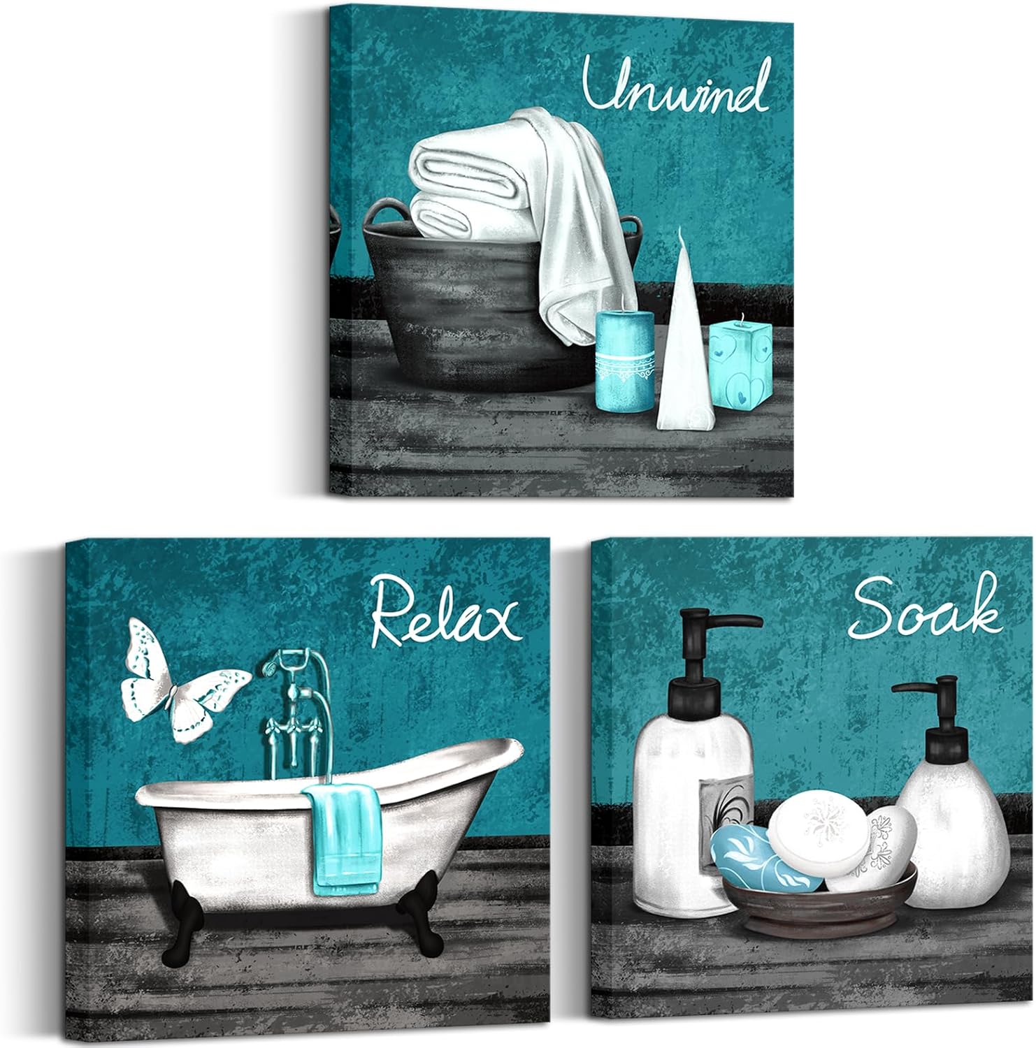 RnnJoile Teal Bathroom Decor Spa Pictures Bathtub Canvas Wall Art Relax Soak Unwind Painting for Bathroom Framed 12"x12" each piece