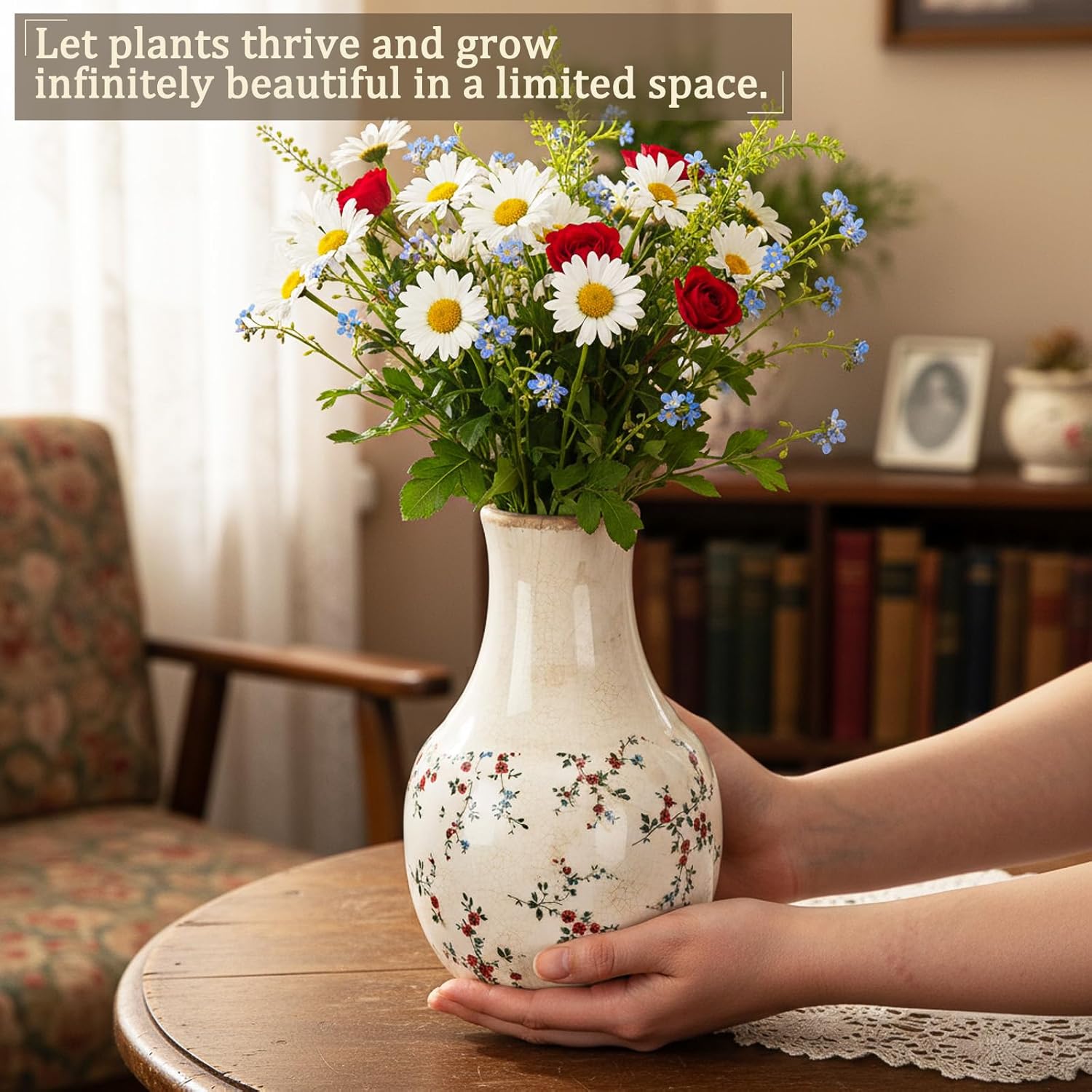 LemonRoad Vintage Ceramic Flower Vase 5.7 Inch Chinoiserie Ice Cracked Glaze Porcelain Vase Rustic Ceramic Large Centerpieces for Home Table Living Room Bookshelf Office(Rose Style)