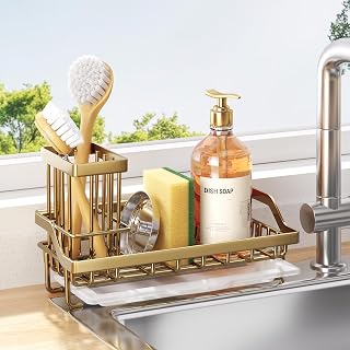 Consumest Sink Caddy, Kitchen Sponge Holder with Dish Brush Holder, Kitchen Sink Organizer with Drip Tray for Countertop, Stainless Steel Rustproof - Gold
