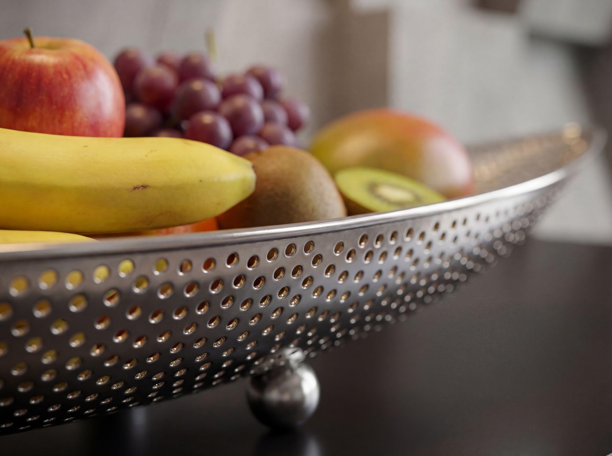 FineBuy Miska na owoce 60 x 16 x 9 cm Aluminium Srebrny Handmade | podłużny kosz na owoce w kształcie łodzi, ręcznie wykonany metalowy kosz, ażurowa miska, dekoracja stołu do kuchni
