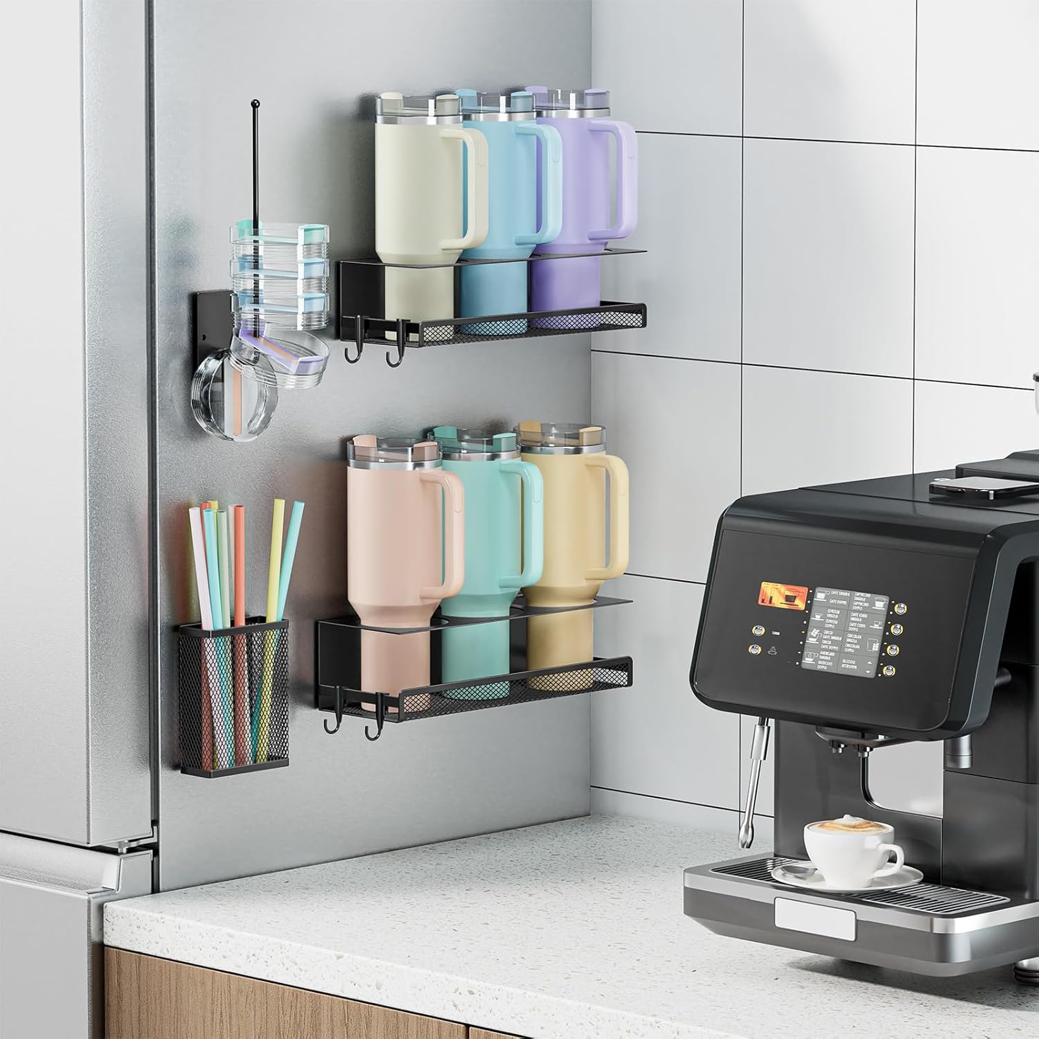 VITVITI 4 Pack Magnetic Cup Holder for Fridge, 40 OZ Metal Tumbler Holder for Stanley Cup, Magnetic Water Bottle Organizer with Lid Straw Holder Set Heavy Duty (Black) - Image 4