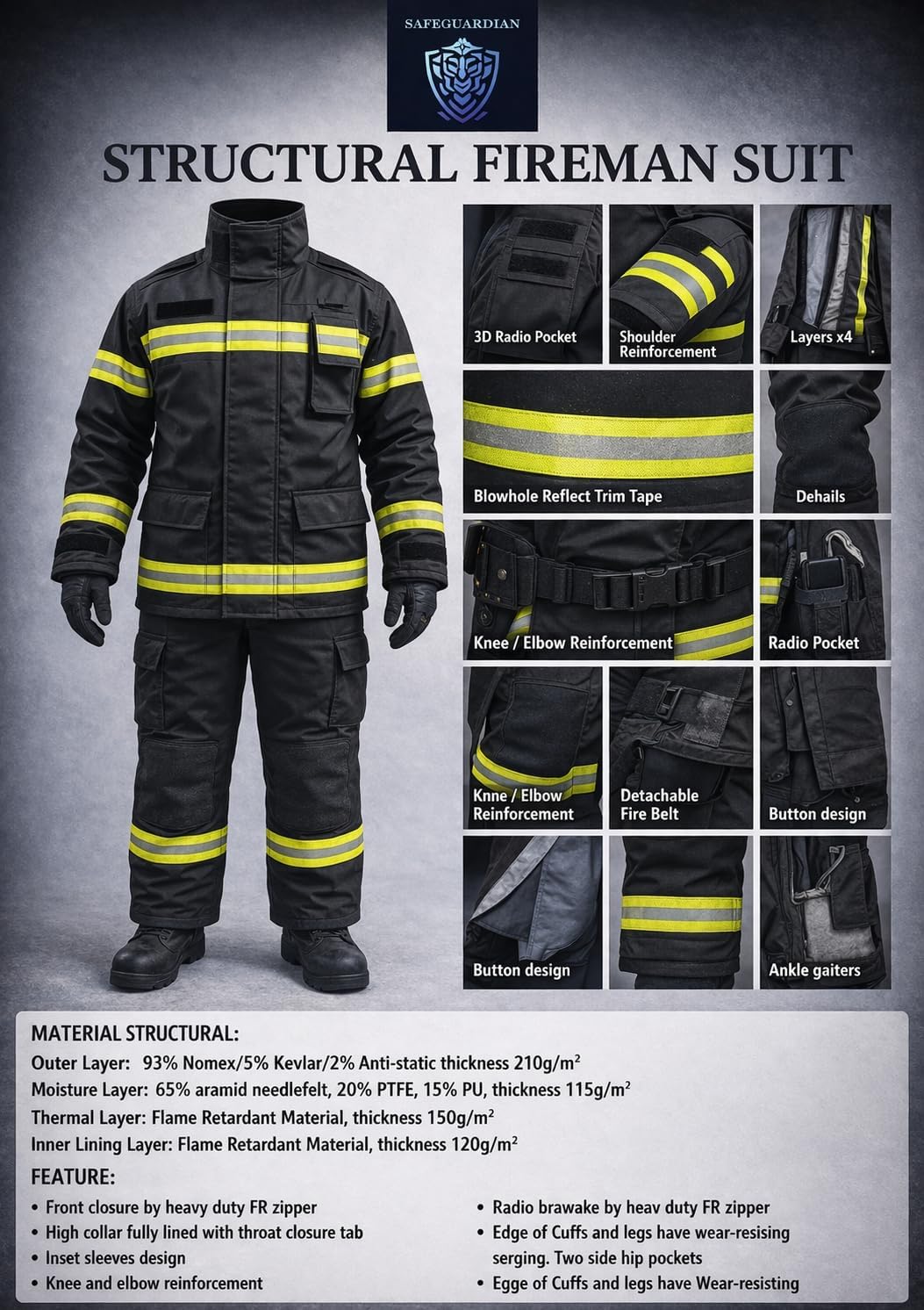 Firefighter Fire Suit - Turnout Gear Jacket & Pants with Overall Straps