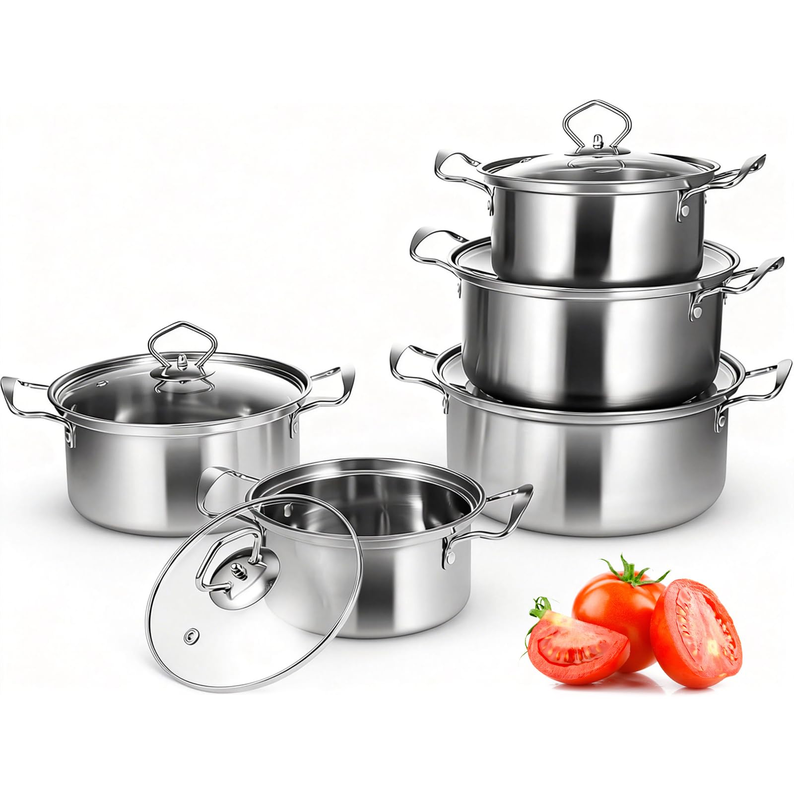 Lot de 10 Casseroles Inox avec Couvercles en Verre - Batterie de Cuisine Professionnelle - Sans Revêtement Antiadhésif - Compatible Induction, Gaz et Electrique - Ustensiles de Cuisson Tout Feux