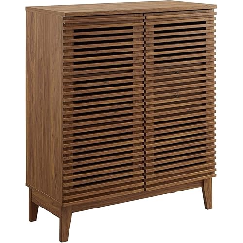 Modway Render Mid-Century Modern Bar with Wine Rack Storage Cabinet, Walnut