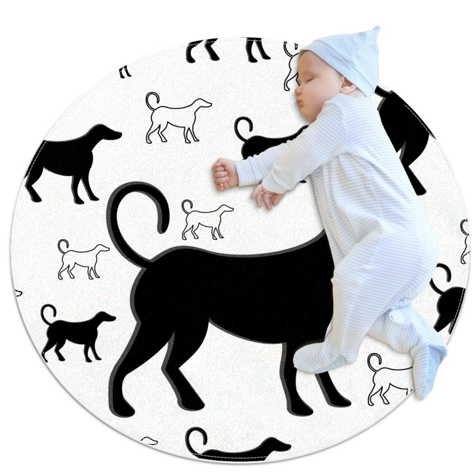 Tapis de salle de bain rond de 1m blanc imprimé chiens et camomille antidérapant