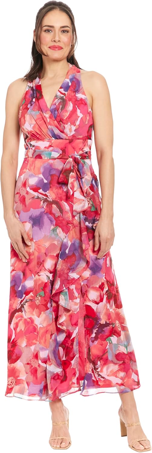 London Times Women's V-Neck Waist Tie Ruffle Cascade Dress for Women | Wedding Guest Dresses for Women