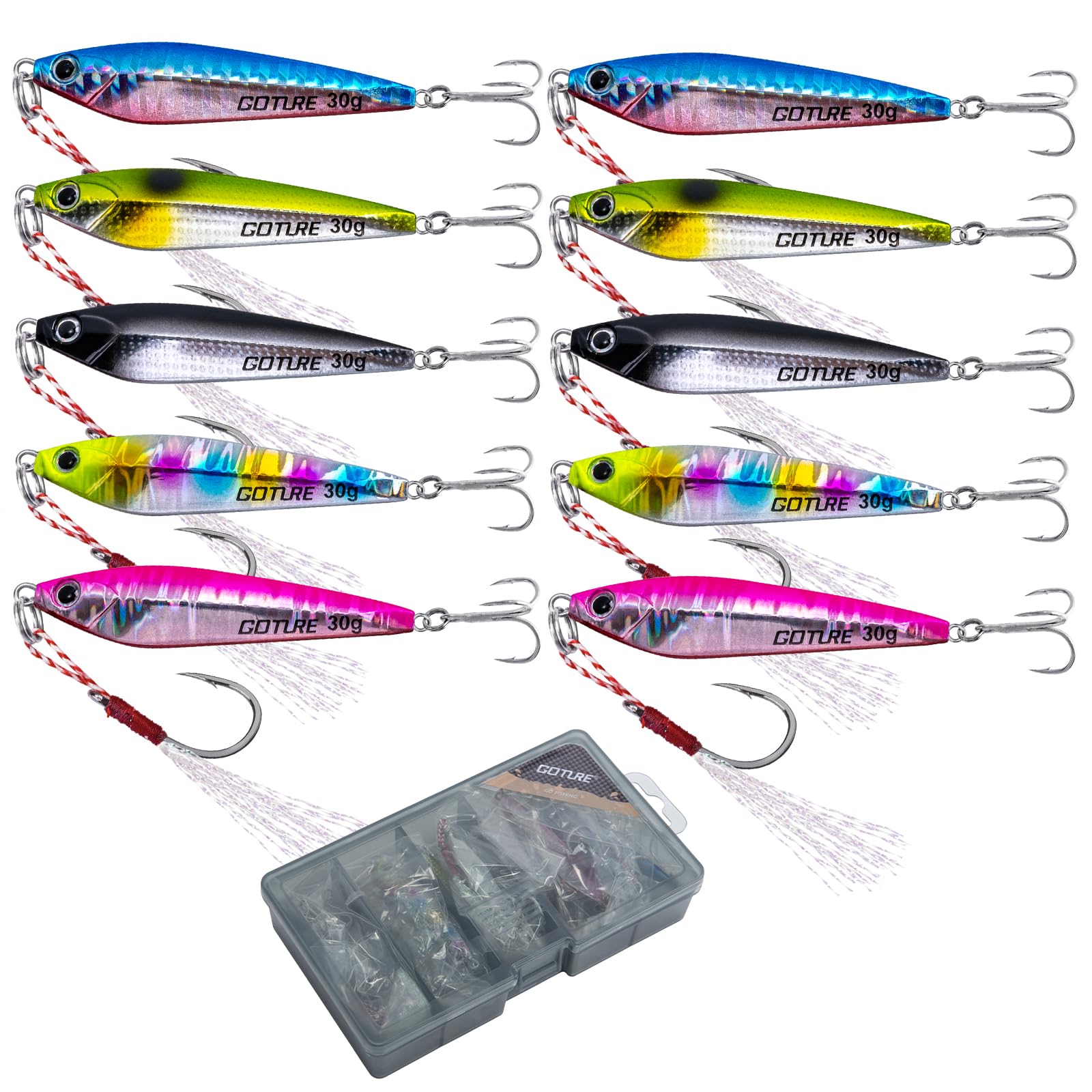 Goture 10 Pcs Fishing Jigs with Storage Box, Vertical Saltwater Freshwater Jig Lures, 30g, Single and Treble Hook, Realistic Fish Eyes, Ideal for Tuna, Salmon, Bass โ image 1