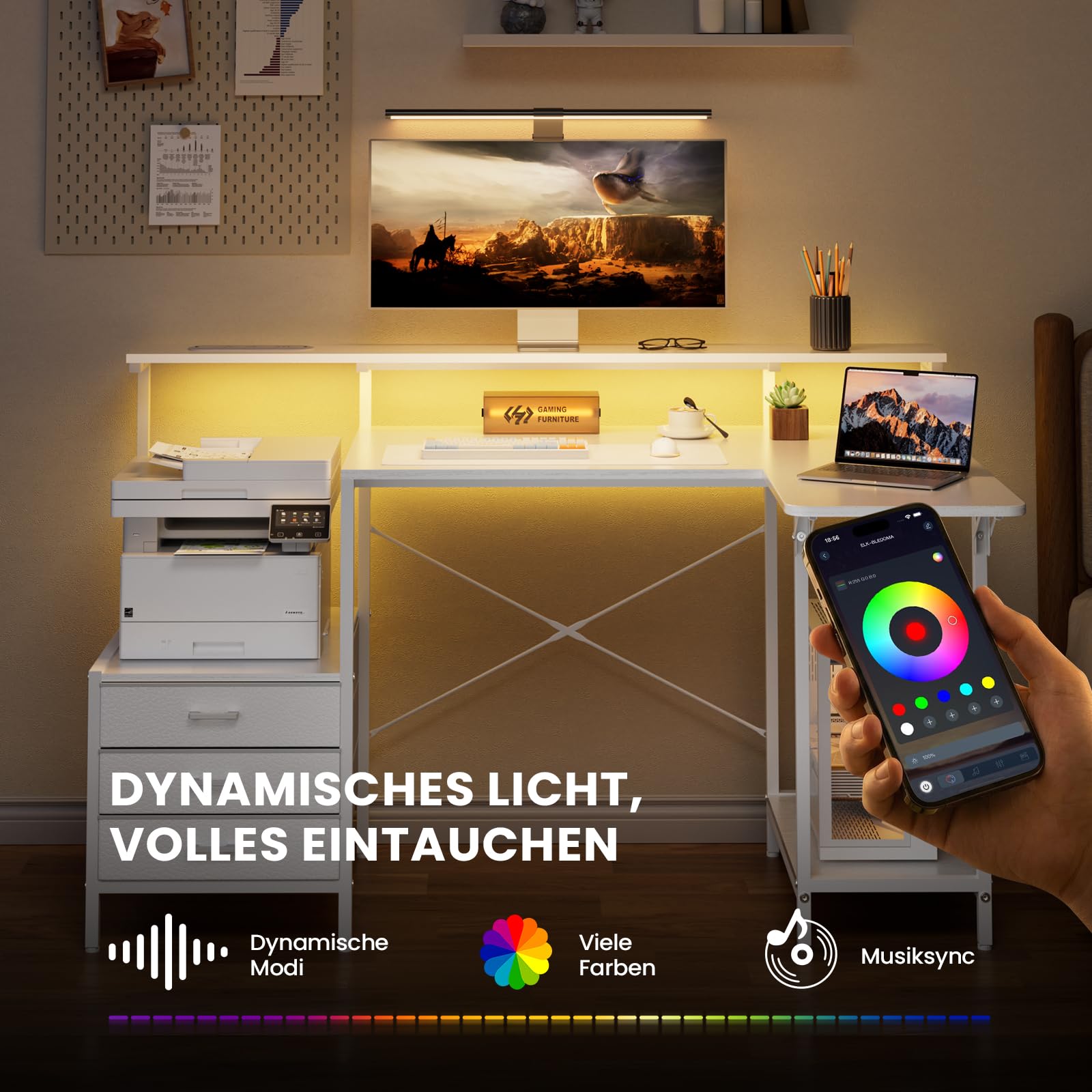 HLONONE 140 × 85 cm Schreibtisch mit Schubladen & LED, Computertisch mit Steckdose, Bürotisch mit Stauraum und Monitorablage, Eckschreibtisch für Homeoffice Schlafzimmer, Weiß