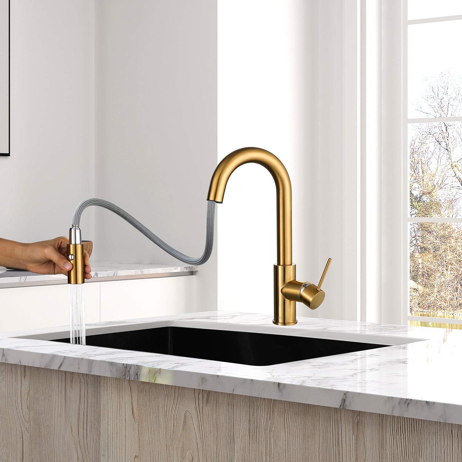 AguaStella AS59BG Brushed Gold Brightly Bar Faucet or Prep Kitchen Sink Faucet with Pull Down Sprayer and Single Handle