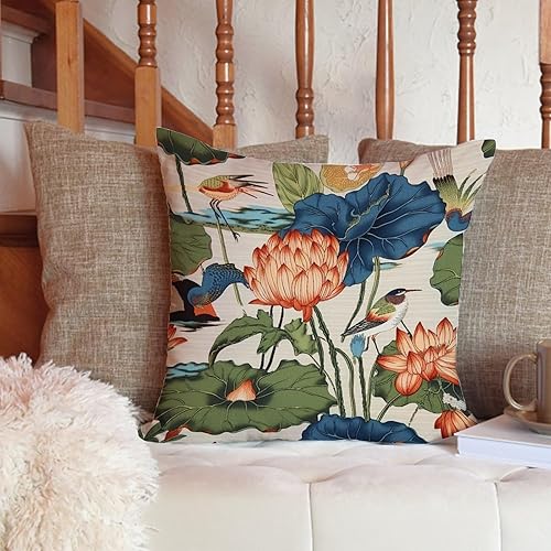 Vista 31 de ArogGeld Fundas de cojín asiáticas escénicas elegantes chinoiserie, diseño de loto verde, pájaros, jardines, funda de almohada para sofá