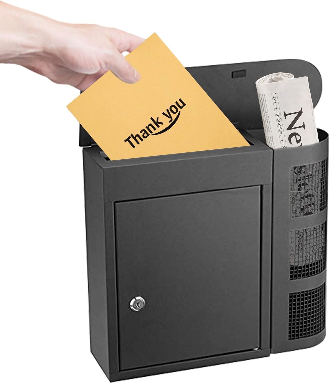 NP01 Black Metal Mailbox with Lock - Newspaper Delivery Holder - Rust & Weather Proof with Galvanized Stainless Steel for Outdoor - Vertical Hanging Wall Mount - 2 Unique Keys