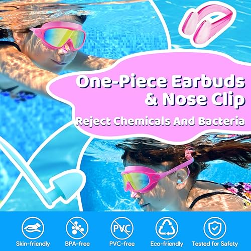 Miniatura 5 de Vvinca Gafas de natación para niños, con tapones para los oídos y clip para la nariz, visión amplia, antivaho y UV, para niños y niñas de 3 a 15