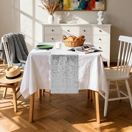Miniatura 4 de OQSC Camino de mesa rectangular de lentejuelas de 72 pulgadas de largo con purpurina navideña para fiestas, bodas, novias, 2 unidades, color plateado