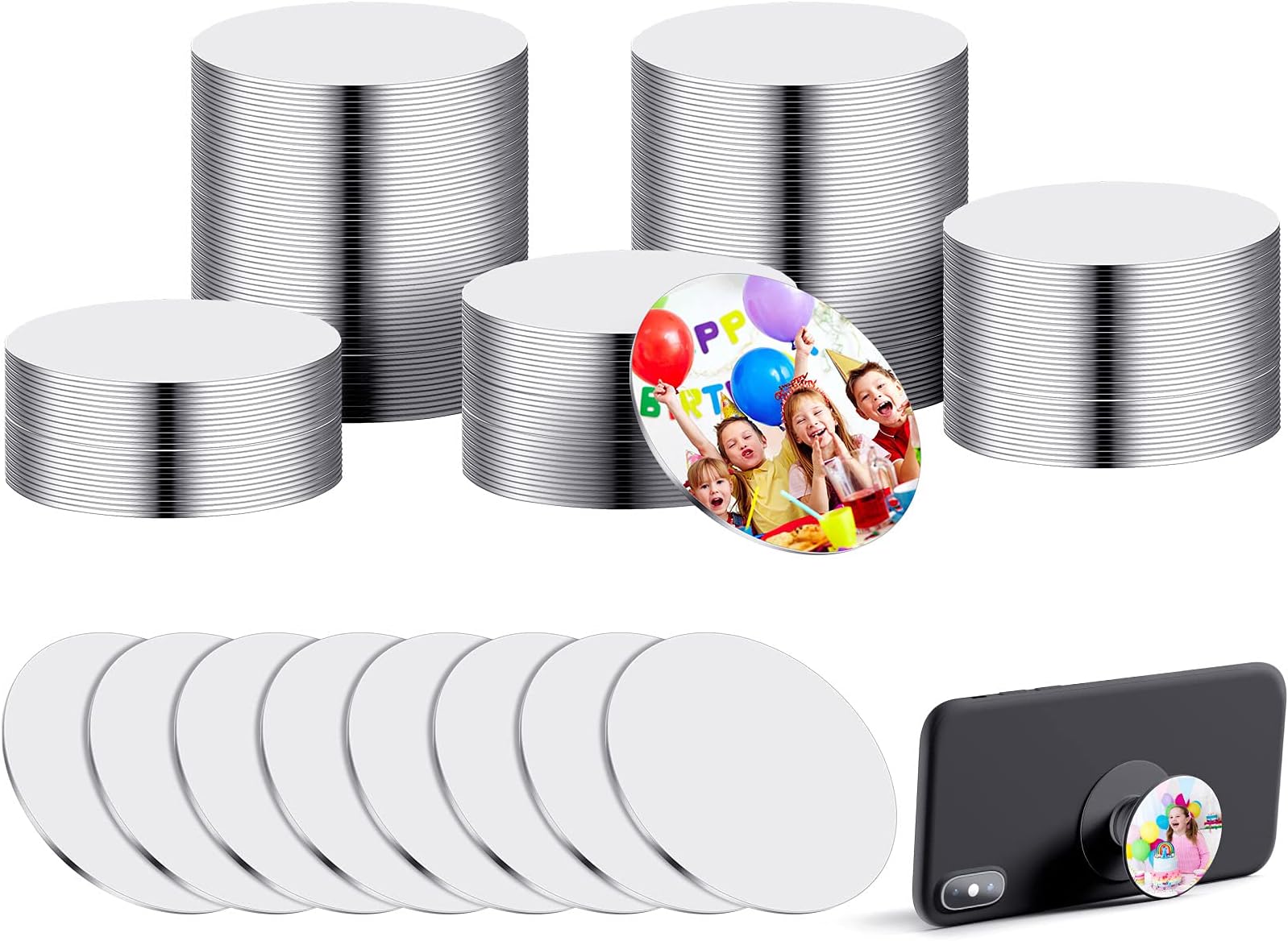 Hotop 50 Pcs 1.5 Inch Sublimation Blank Aluminum Stickers for Collapsible Phone Holders, Round Sublimation Aluminum Sheets Double Sided Tapes for Custom Personalized Photo Jewelry Making DIY