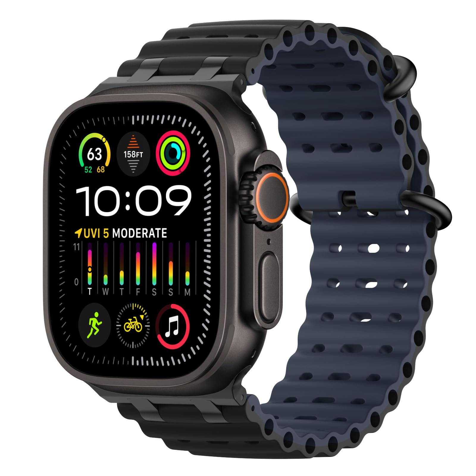 MoKo Correa Ocean Compatible con Apple Watch Ultra 3/2/1 49 mm, S11/S10 46 mm, 9/8/7 45 mm, SE3/SE2/SE/6/5/4 44 mm, 3/2/1 42 mm, Correa Deportiva de Silicona Transpirable, Negro/Negro&Azul Marino