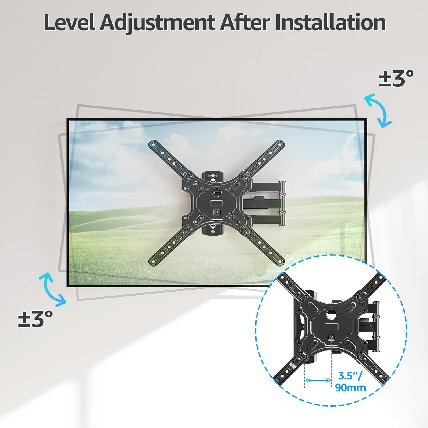 Diagram showing the post-installation level adjustment feature of the MOUNTUP MU0009 TV mount, allowing for +/- 3 degrees of rotation.