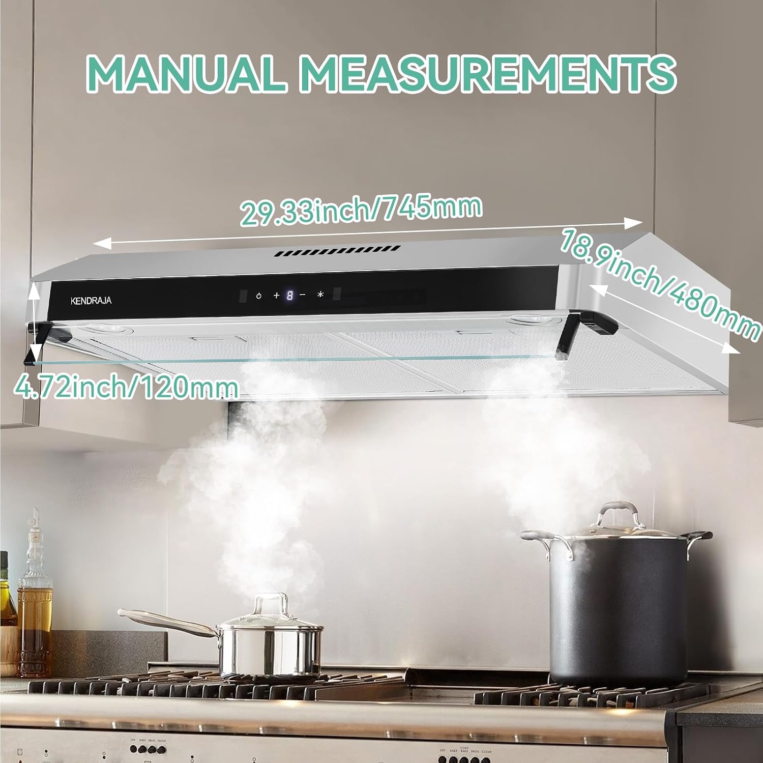 30 Inch Under Cabinet Range Hood | 400 CFM Stainless Steel | Convertible Ducted/Ductless | Touchless Gesture Control | Washable Grease Filters | 3 Speed Fan | LED Lighting - Kendraja