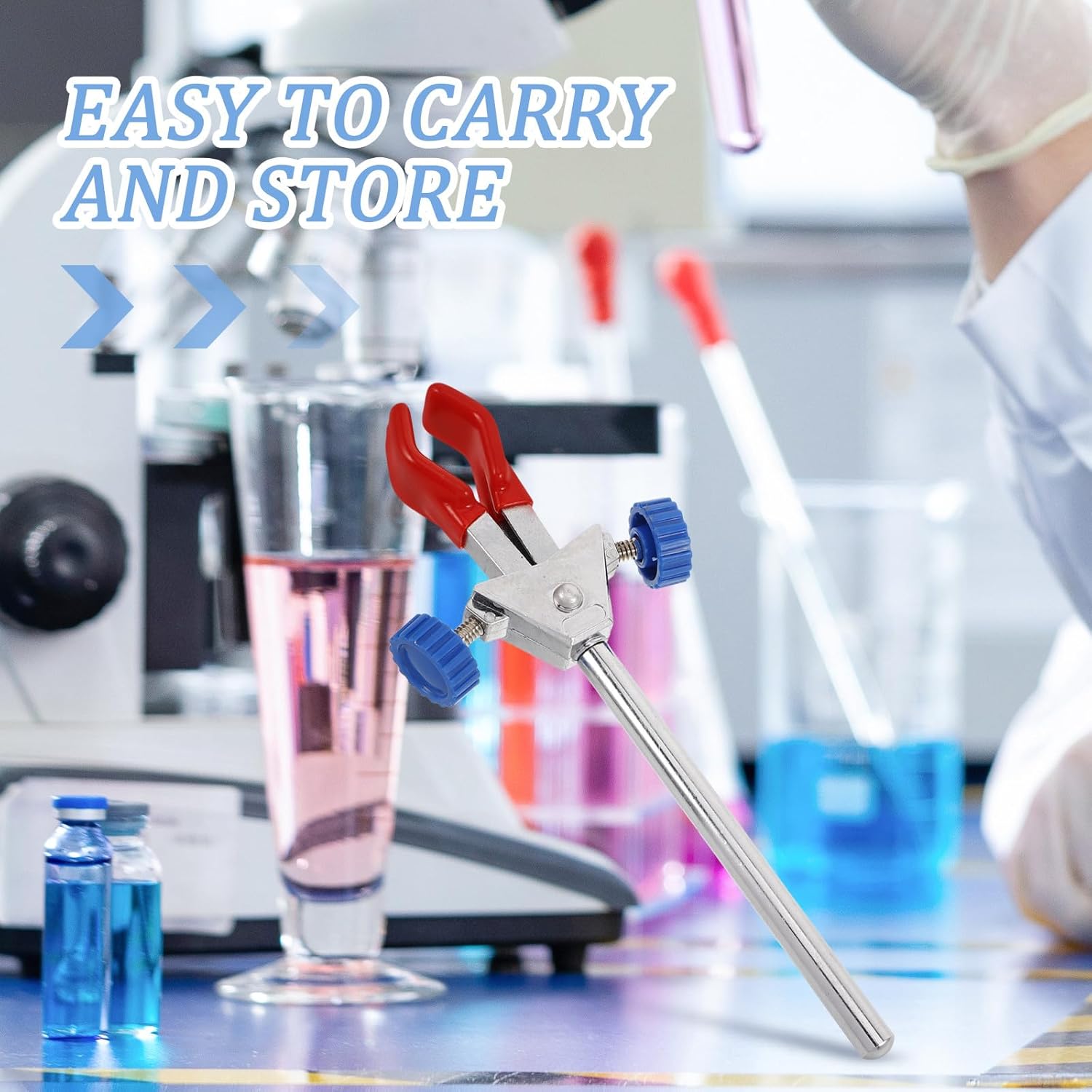 Generic Double Prong Adjustable Lab Clamp with Red Tips, Stainless Steel and Plastic 2-prong Test Tube and Beaker Holder for Chemistry Laboratory Equipment and Glassware Support