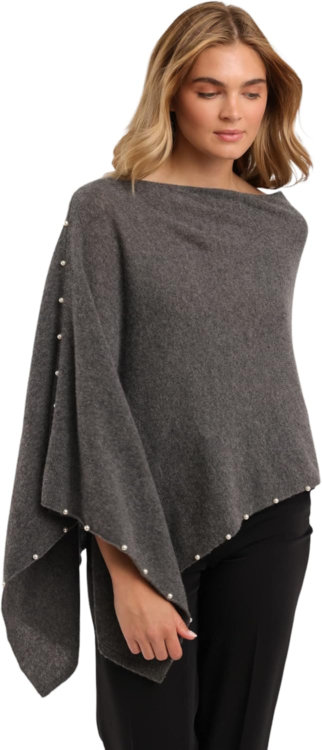 CLAUDIA NICHOLE by Alashan: Women's 100% Cashmere Capelet with Pearl Trim Luxe Dress Topper Poncho- One Size Fit