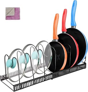 MASTERTOP Pan Organiser Rack, Expandable Pan Lid Holder with 7 Adjustable Dividers, Pot Storage Rack for Kitchen Cupboard Pantry Cabinet - Send 1 Microfiber Cleaning Cloth