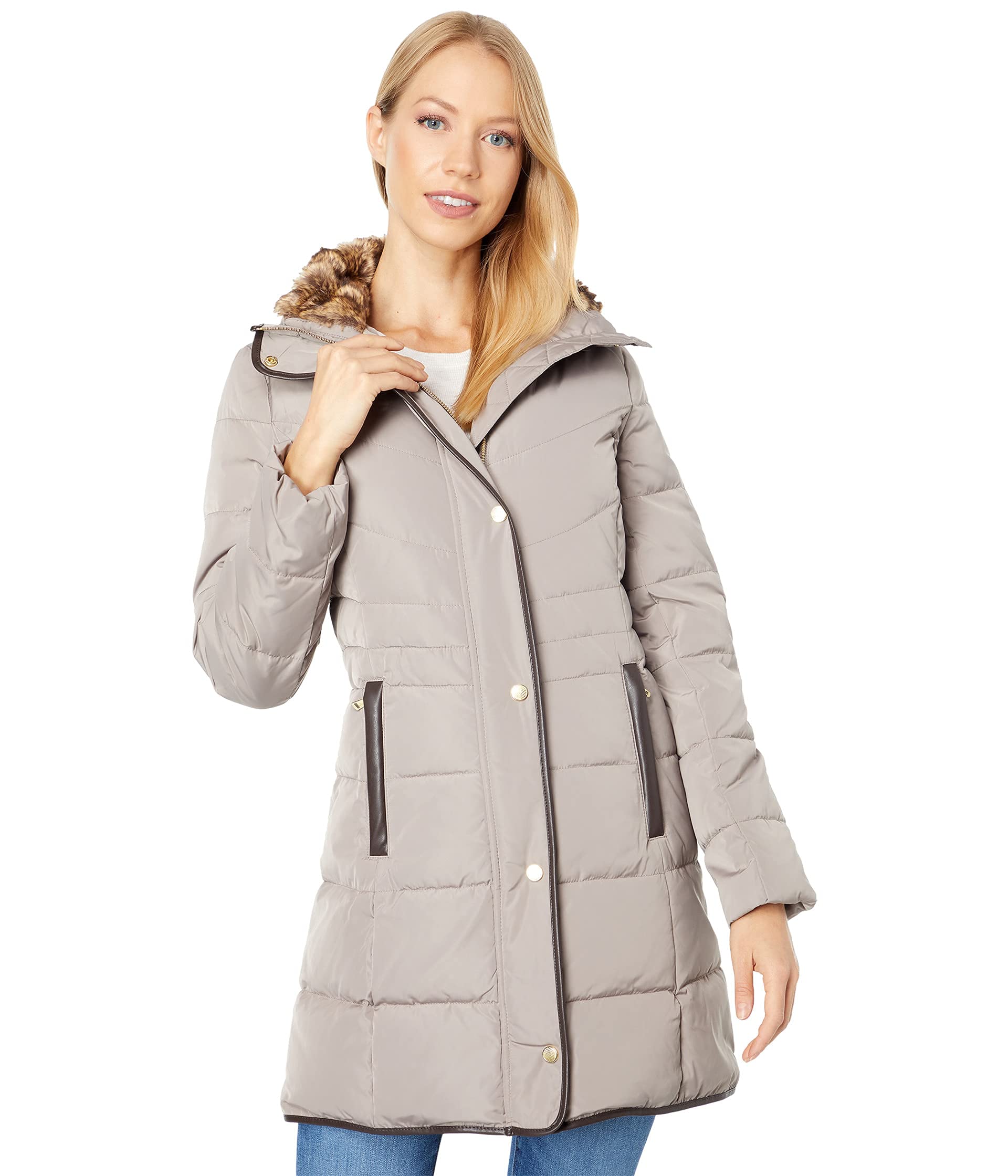 cole haan Women's Taffeta Down Coat with Faux Fur Collar, Cashew, Small-picture-9
