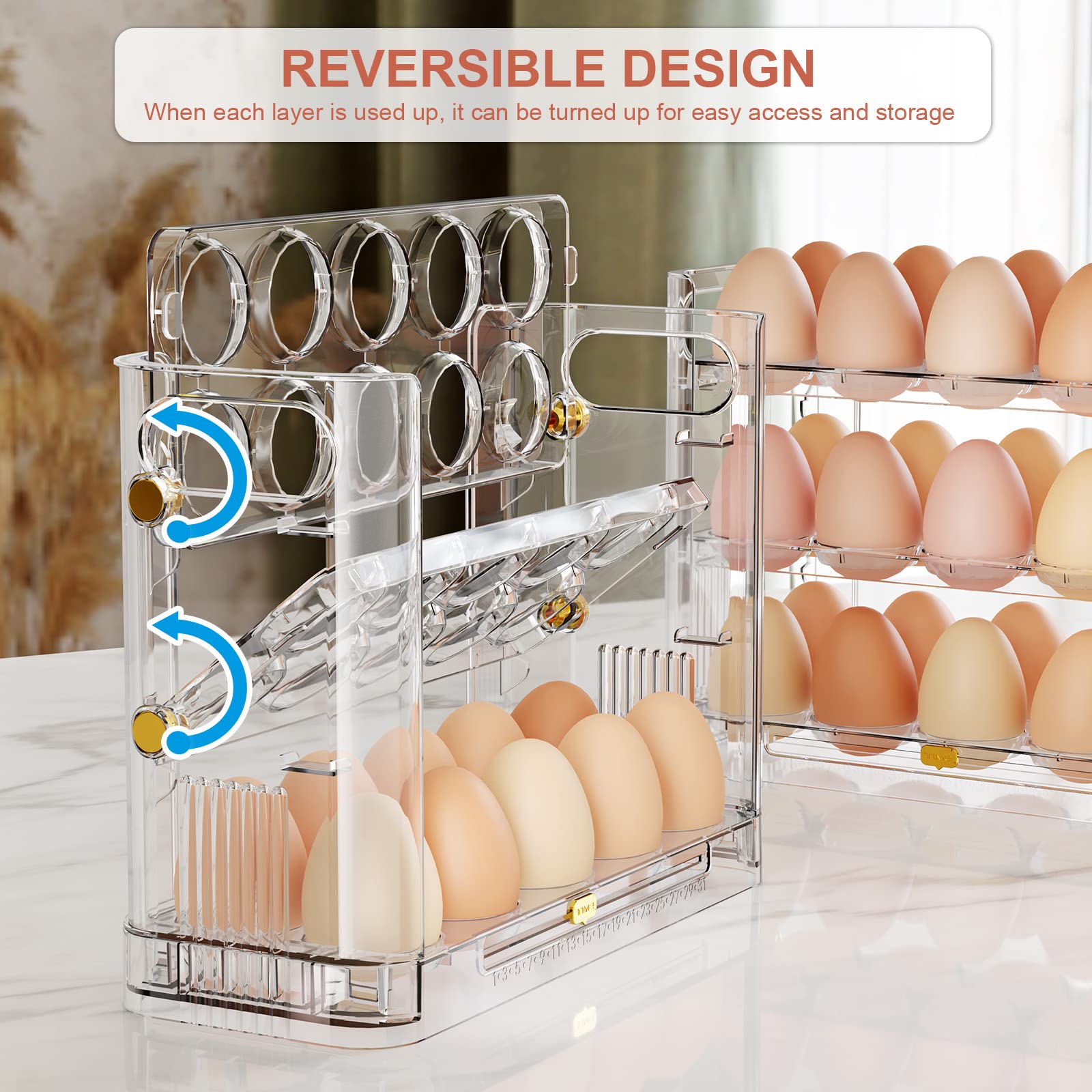 Soporte reversible para huevos para refrigerador y encimera, bandeja de almacenamiento transparente para 30 huevos 2