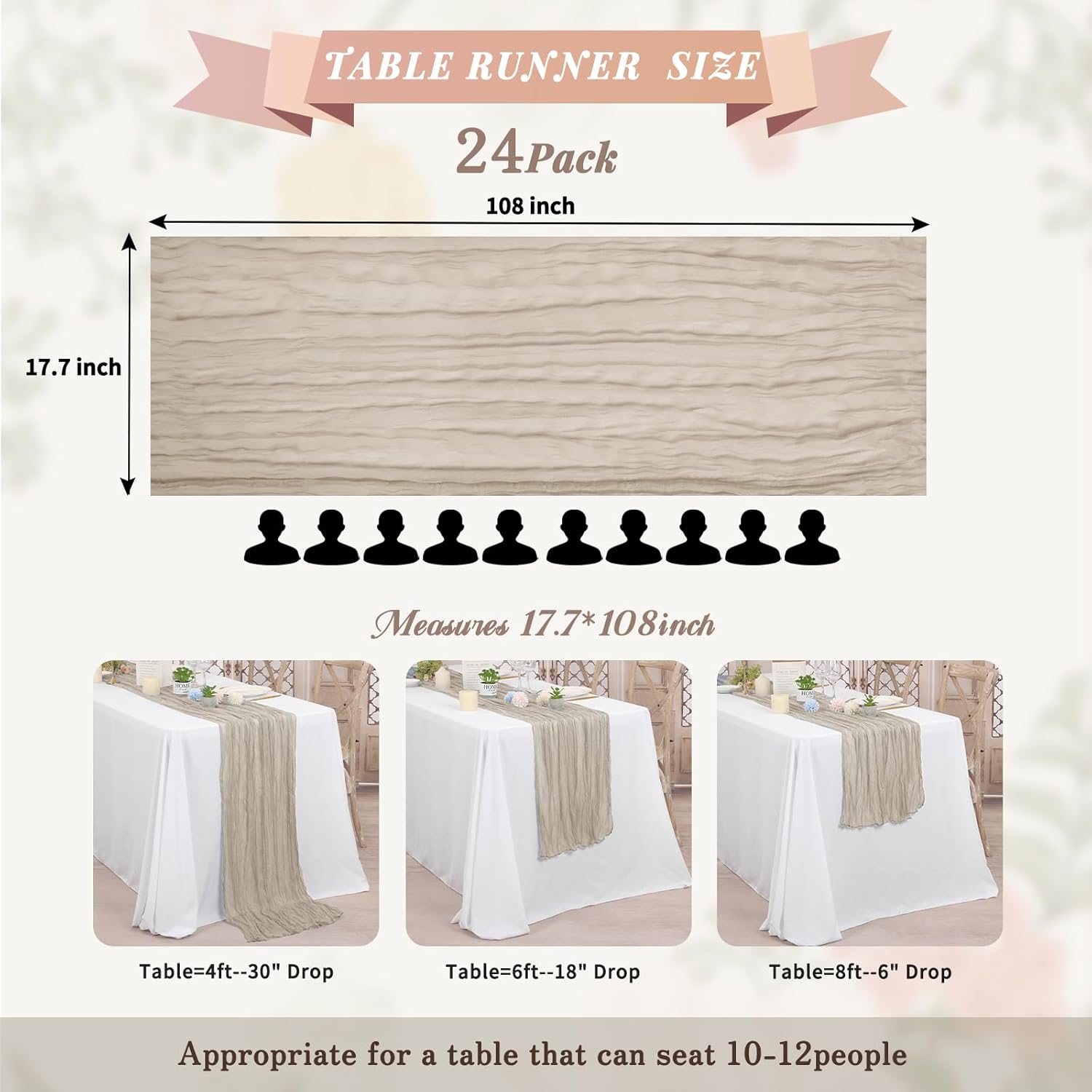 24 Pack Brown Grey Cheesecloth Table Runner, Long Romantic Semi Sheer Rustic Boho Gauze Table Runners for Wedding Bridal Shower Birthday Party Decorations(17.7×108 Inch)