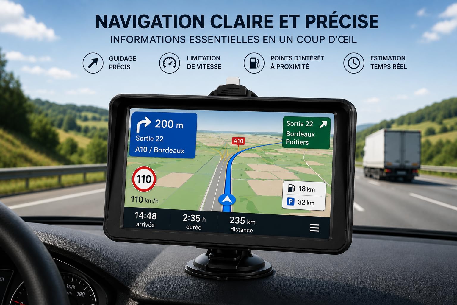 GPS Navigation 7 Pouces, Écran HD Tactile, 8 Go, FM, Multi-Langues, pour Voiture Camion Bus