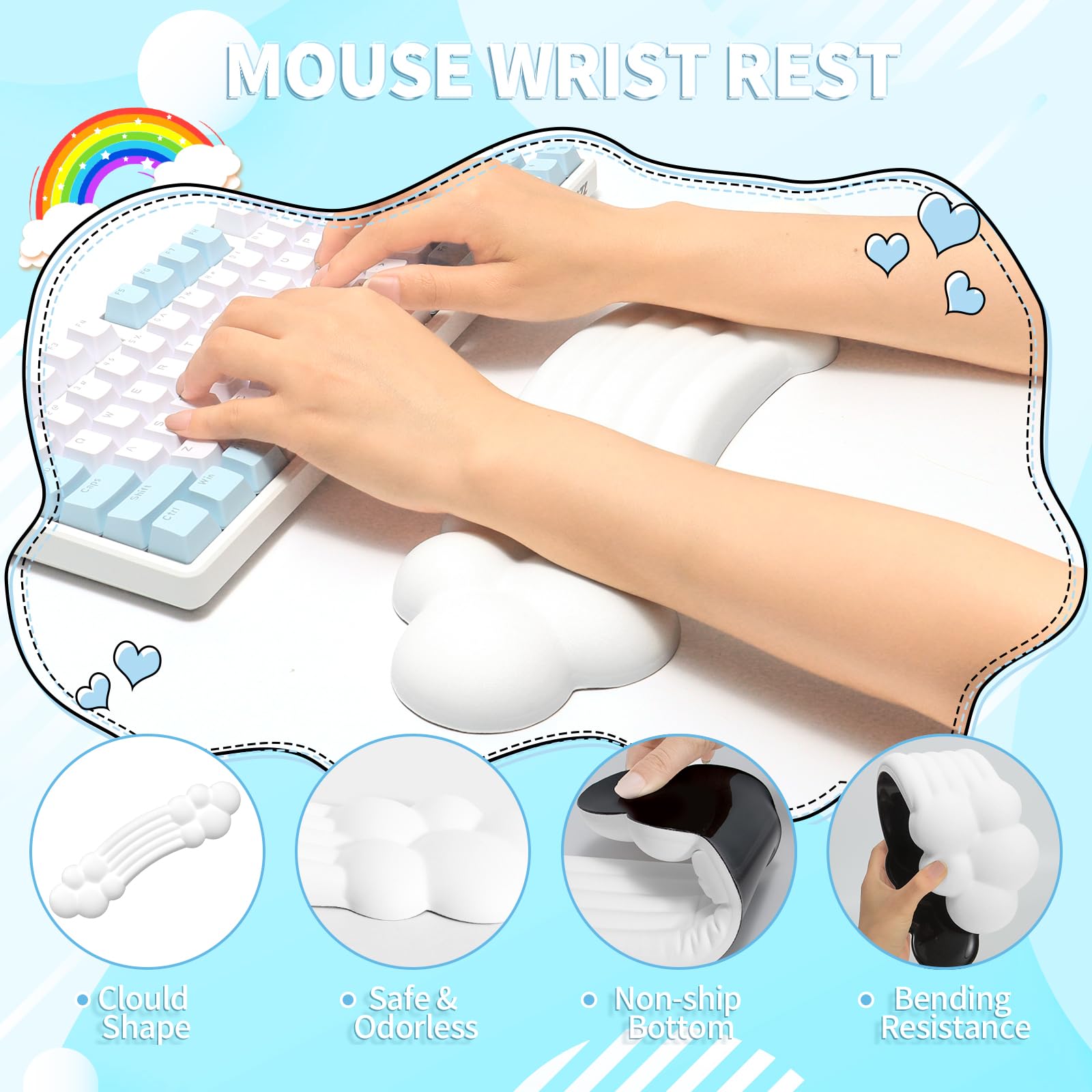 Zestaw Podpórek pod Nadgarstek do Klawiatury i Myszy - Keyboard Wrist Rest + Mouse Wrist Pad + Coaster, Pianka z Pamięcią Ergonomiczna Odkładka Pod Nadgarstek do Laptopa, Biura, Pracy, Gier - Biała