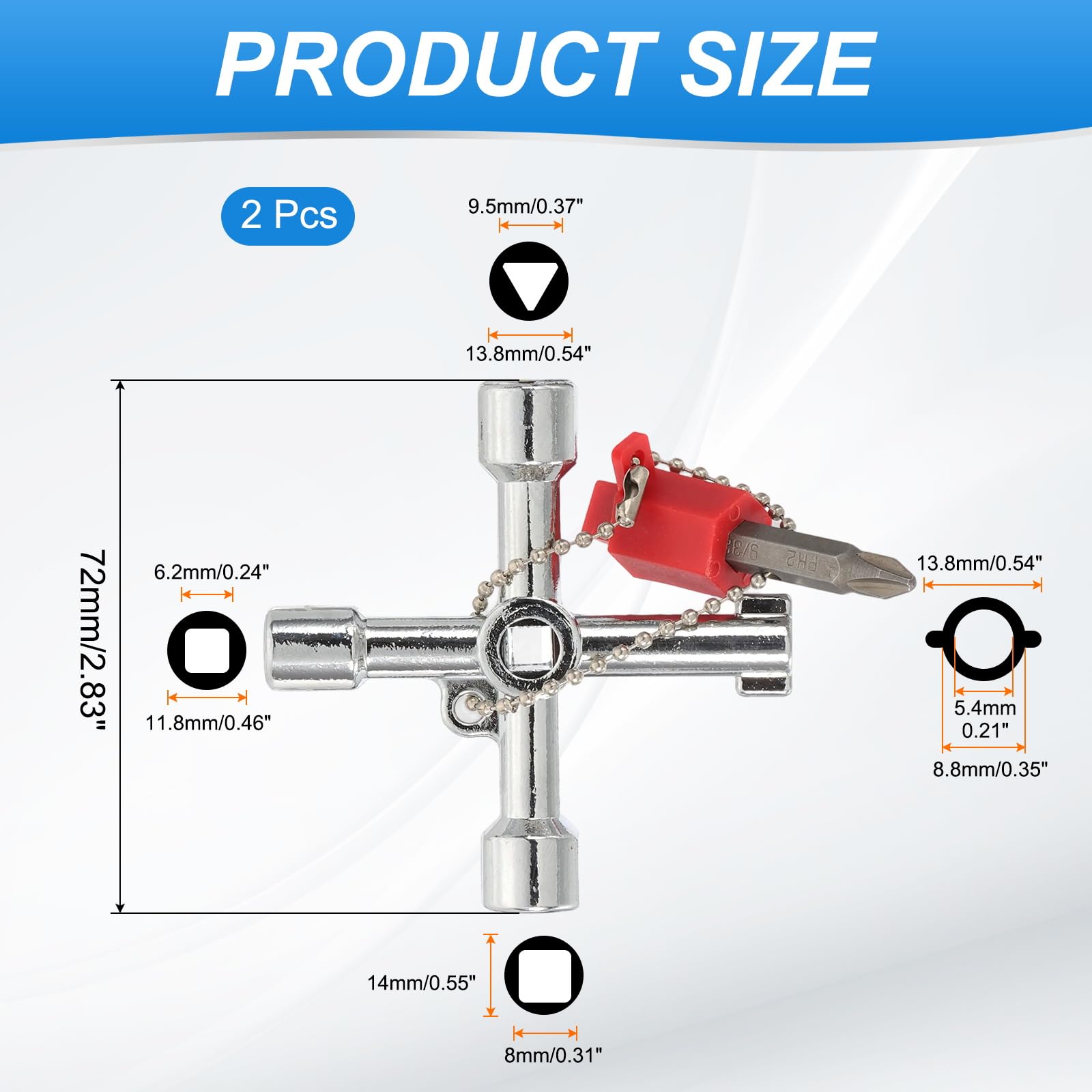 PATIKIL 4-Way Multi-Functional Utility Key, 2 Pack Universal Cross Key Stopcock Key 4 in 1 Triangle Square Key for Water Gas Meter Valve Cabinet Cupboard, Silver