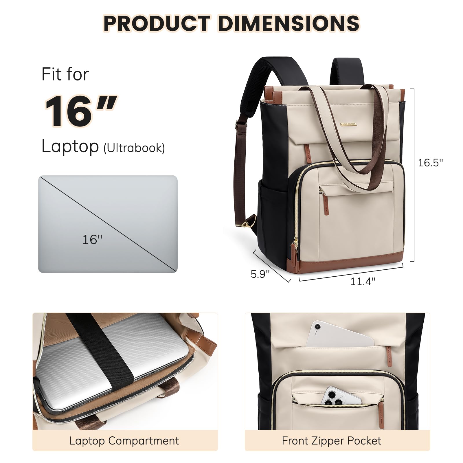 GOLF QUALITY Zaino Porta PC Donna 16 Pollici, Zaino Lavoro Antifurto, Zaino da Università Impermeabile, Computer Backpack Capiente per Laptop per Viaggi, Docente, Ufficio, Scuola