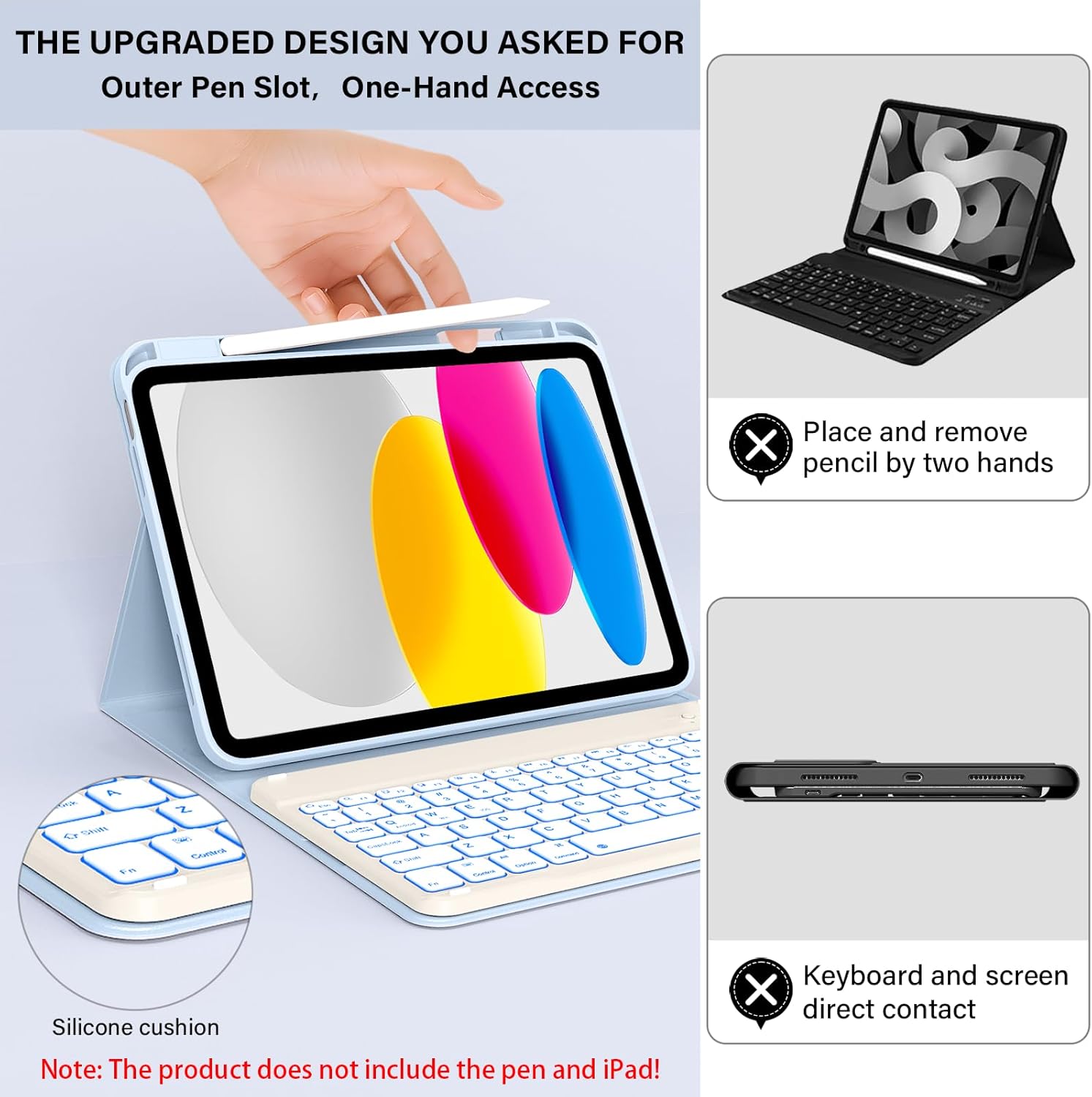 for iPad A16 Case with Keyboard: Detachable Wireless Backlit Keyboard Case, for iPad 10th Generation 10.9 11 Inch Case with Pencil Holder for Students, for Daily Learning (Frost White)