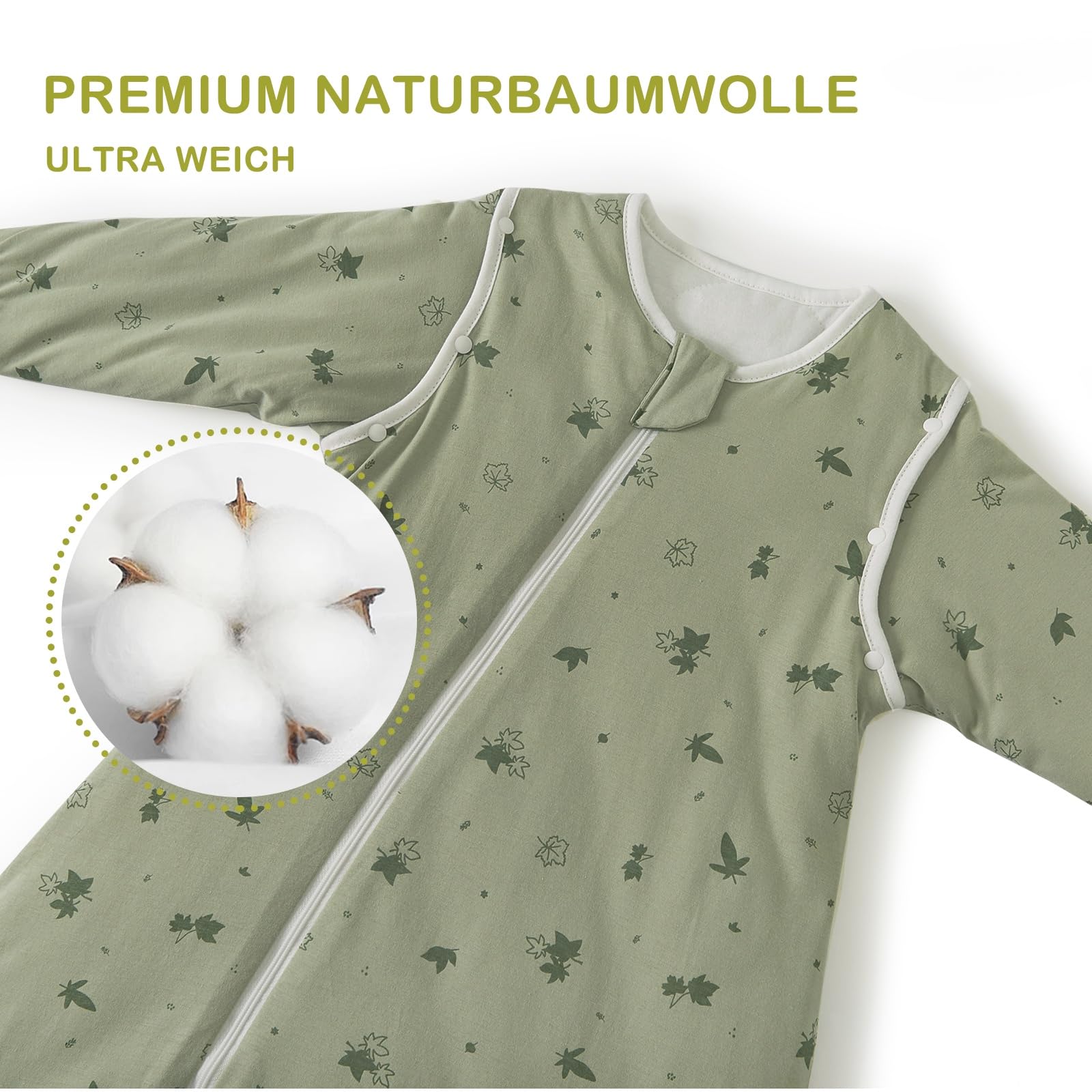 2.5 TOG Baby Schlafsack mit Füßen, 100% Baumwolle Winter Schlafsack mit Beinen und abnehmbaren Ärmeln für Kleinkinder, Ahorne, Größe S