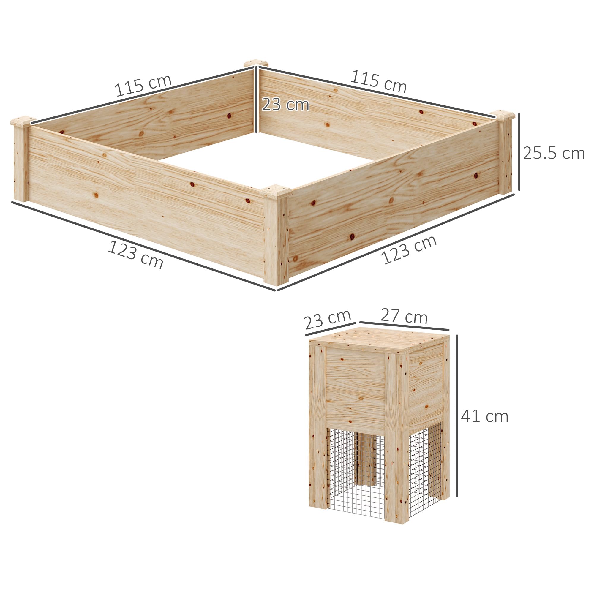 Outsunny Letto per Orto Rialzato da Esterno 123x123x25.5 cm Color Legno | Con Compostiera, Fondo Aperto, Fioriera da Esterno in Legno di Abete, per Piante e Fiori