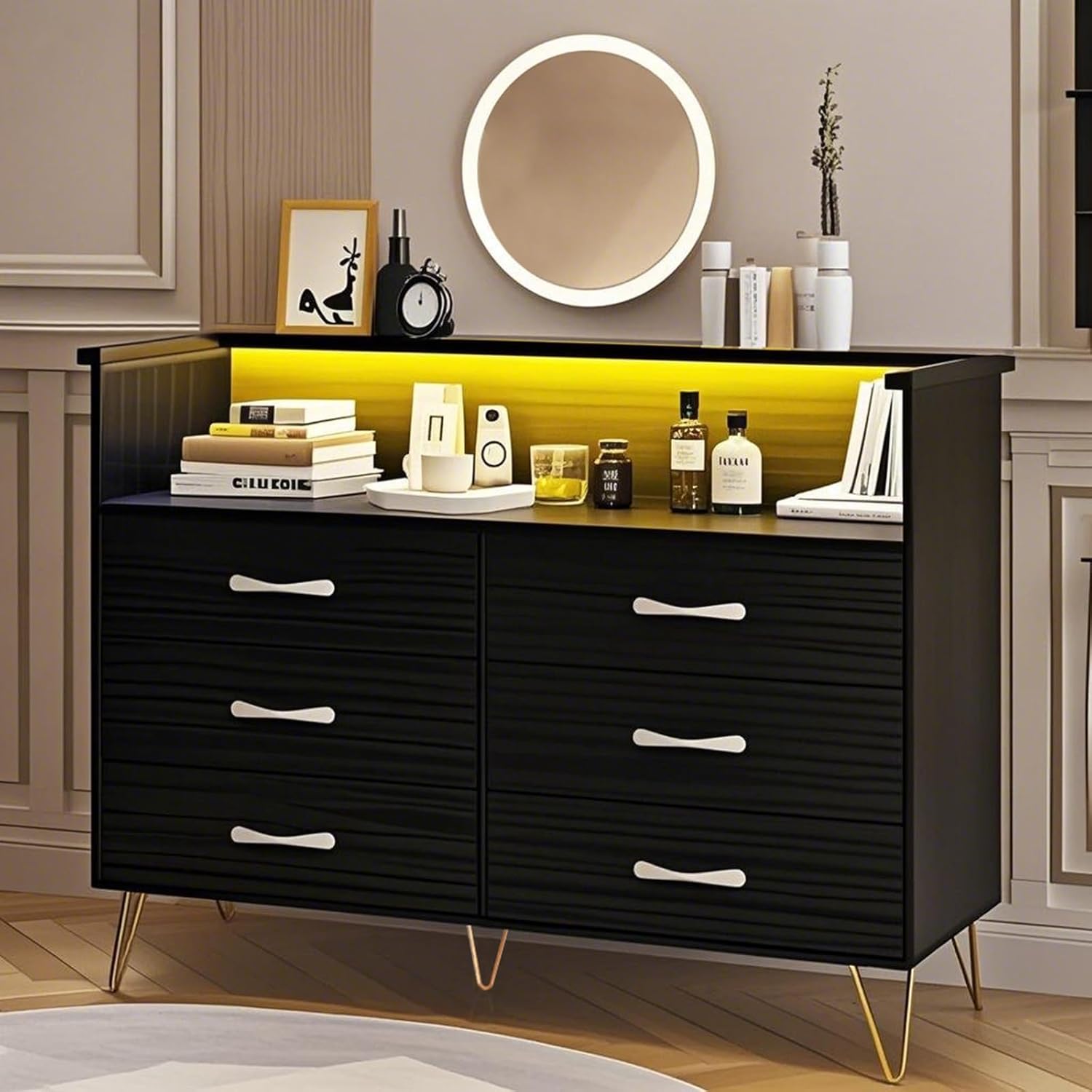 Dresser for Bedroom with 6 Drawers, Wide Wood Chest of Drawers with Charging Station & RGB LED Lights - Storage and Organization Dresser for Living Room, Closet, Hallway, MDF Cabinet, Black