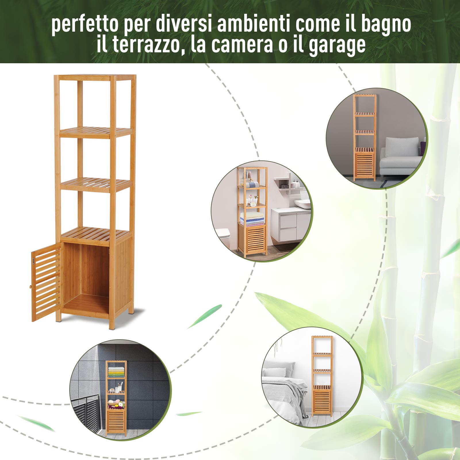 HOMCOM Estantería de Bambú para Baño Armario Alto Librería Organizador 4 Niveles 1 Puerta 36x33x140cm