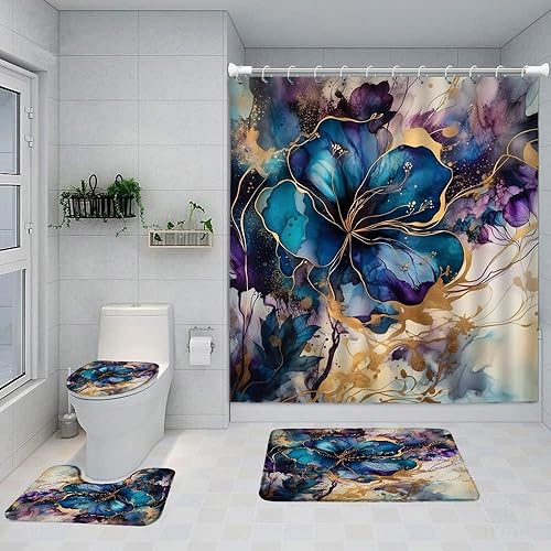 Juego de 4 cortinas de ducha de mármol con alfombras, cubierta de tapa de inodoro y tapete de baño, juego de cortina de ducha abstracta de lujo azul