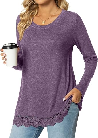Netsmile Womens Plus Size Tunic Tops To Wear With Leggings Long Sleeve Loose Dressy Casual Shirts Lace Hem Crewneck Sweatshirt, 3XL, Purple