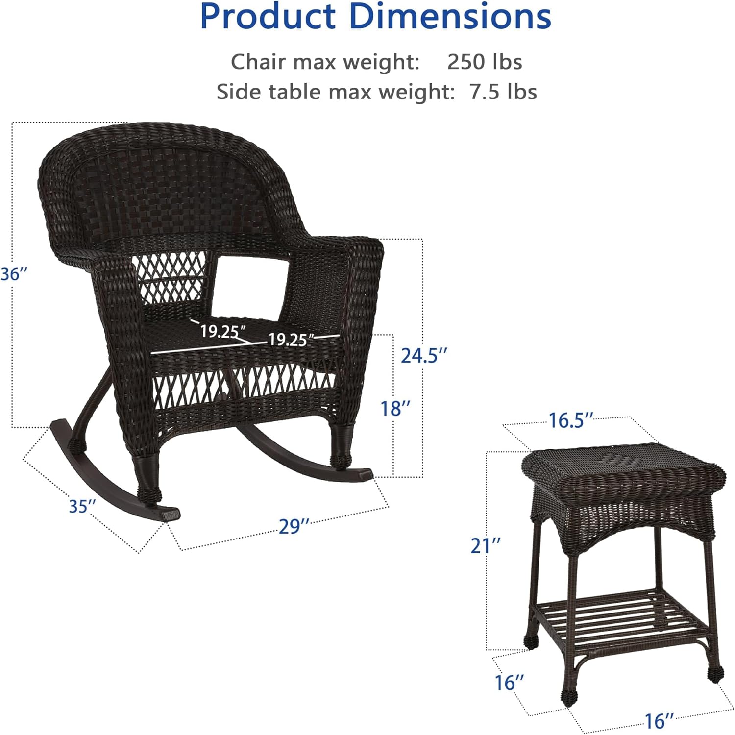 Jeco 3 Piece Rocker Wicker Chair Set, Espresso