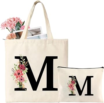 Initial Canvas Tote Bag, Personalized Present Bag with Floral Letter Cosmetic Bags, Suitable for Wedding, Birthday, Beach, Holiday, Great Gift for Women, Mom, Teachers, Friends, BridesmaidsM