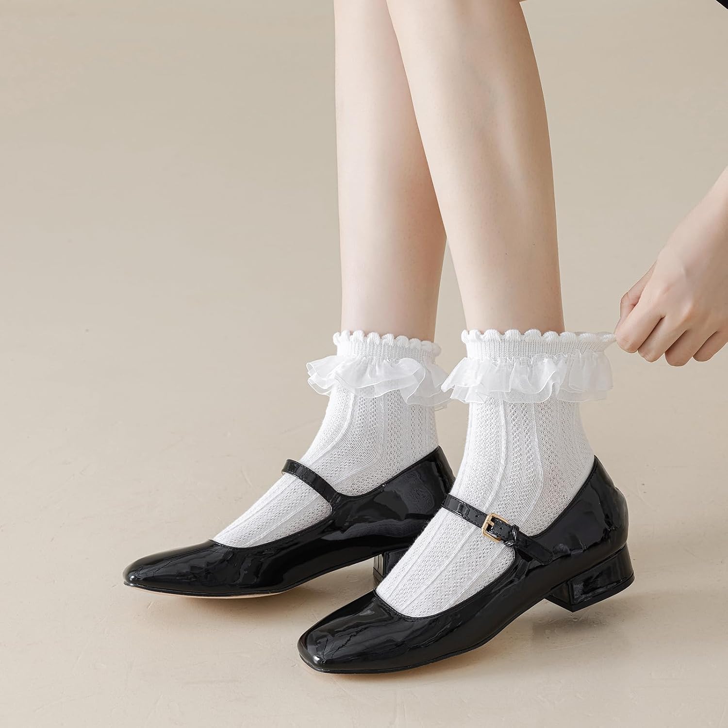 BIVOLU Womens Crew Socks Lace Ruffle Frilly Cotton Cute Princess Ankle Dress Socks for Girl 4 Pack