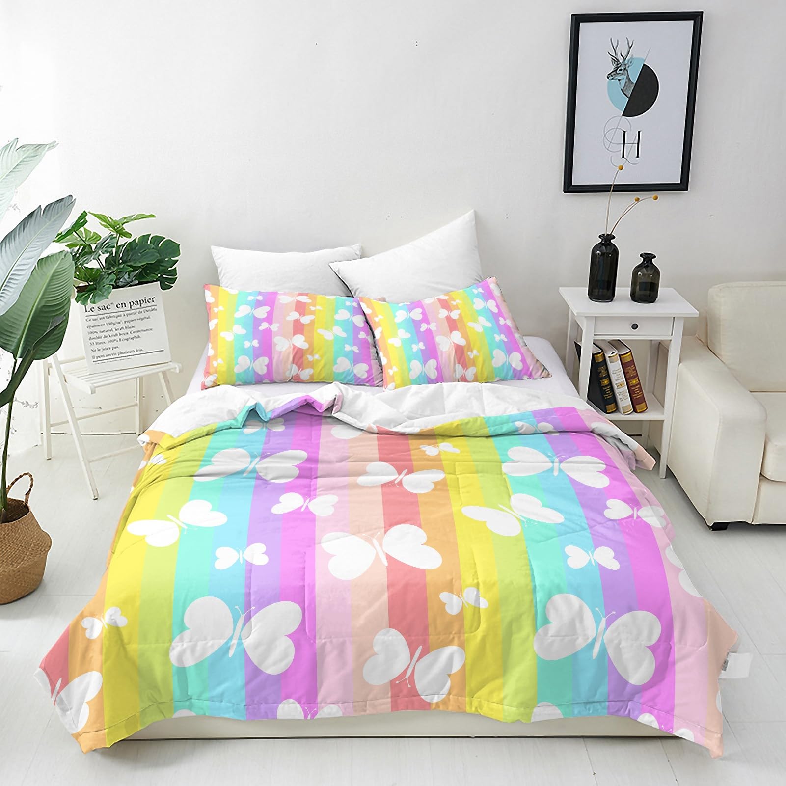 ANHOPE Butterfly Duvet Cover Set 3 Piece Bedding Set with 2 Pillowcases Colorful Rainbow Stripes Print Pattern Soft Breathable Microfibre Quilt Cover with Zipper Closure Double