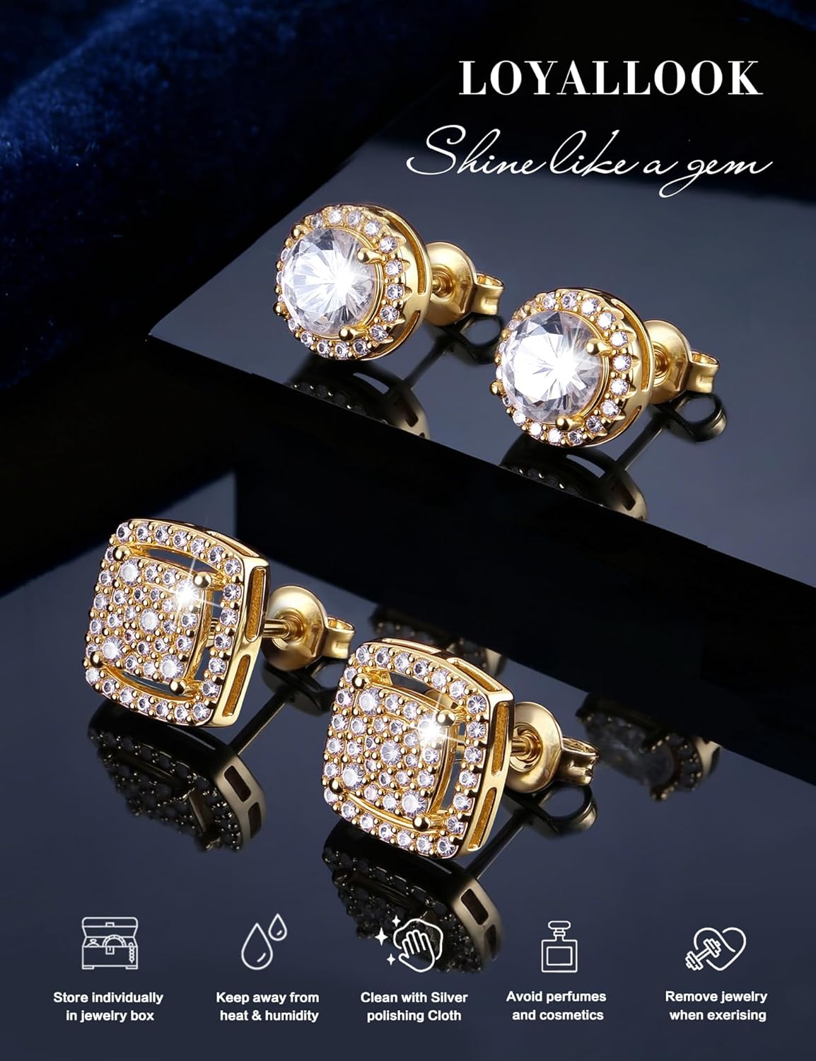 LOYALLOOK Cubic Zirconia Stud Earrings for Women Men Hypoallergenic 925 Sterling Silver Post Halo Studs Set Round Square Iced Out Earrings 18K Gold Plated Simulated Diamond Cut CZ Stud Earrings Set - Image 2